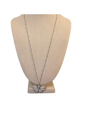 Filigree Butterfly Necklace on Beaded Station 24" Silver Tone Chain
